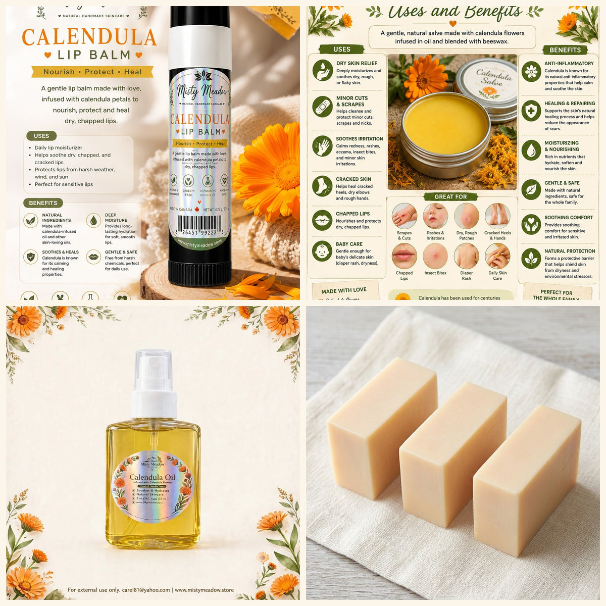 Calendula Every Day Care — four-piece set: lip balm, salve, oil and soap