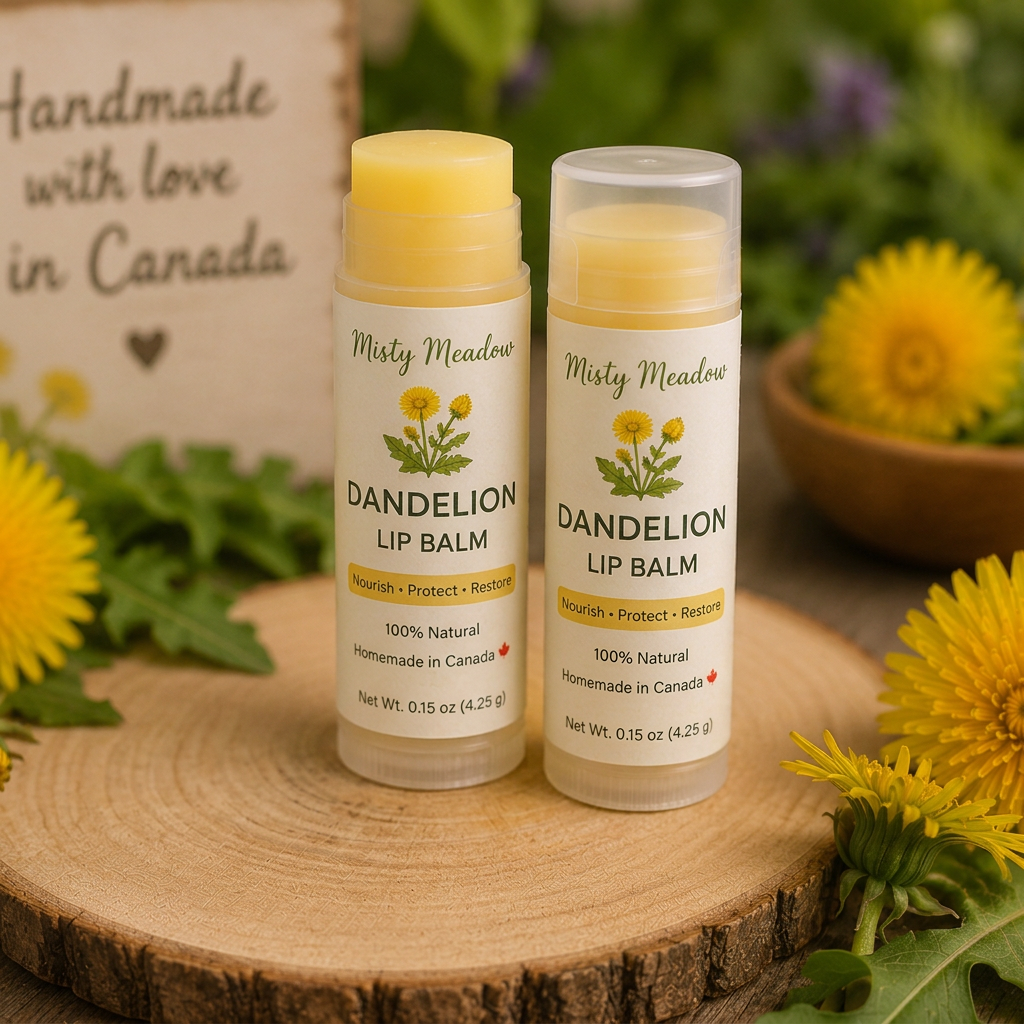 Two Misty Meadow Dandelion Lip Balm tubes displayed on wood with dandelions