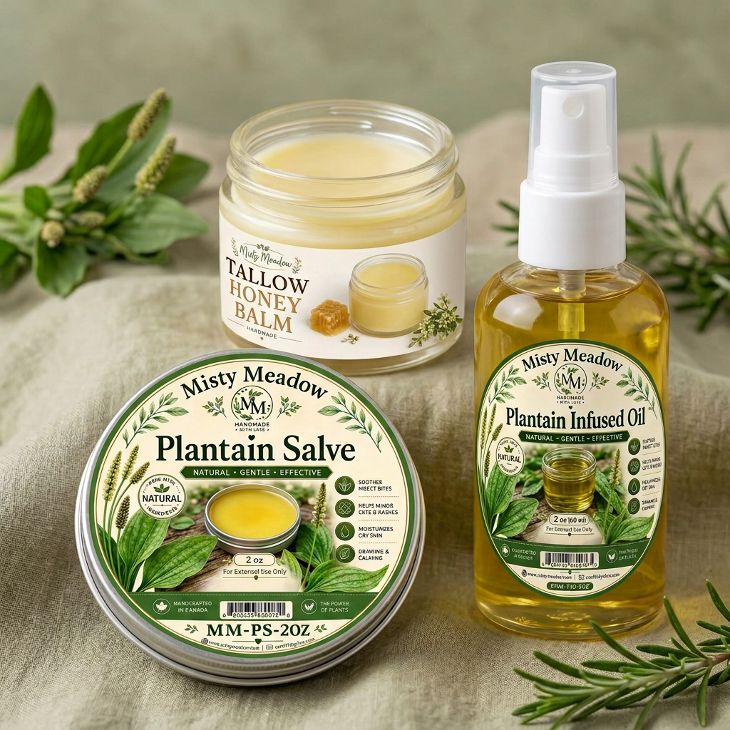 Plantain and Tallow Care Bundle showing Plantain Salve tin, Plantain Infused Oil spray bottle, and Tallow Honey Balm jar