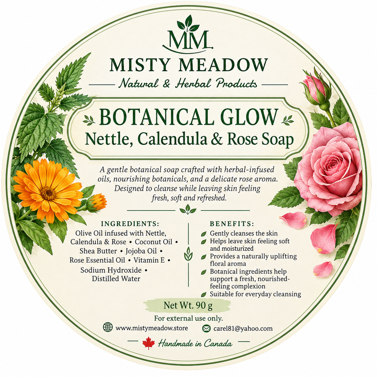 Botanical Glow Nettle, Calendula & Rose Soap (3 bar soap)